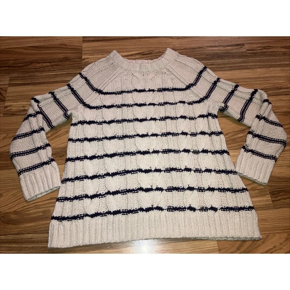 J Jill Sweater Womens Large Cream‎ Black Striped Cable Knit Chunky Pullover Top